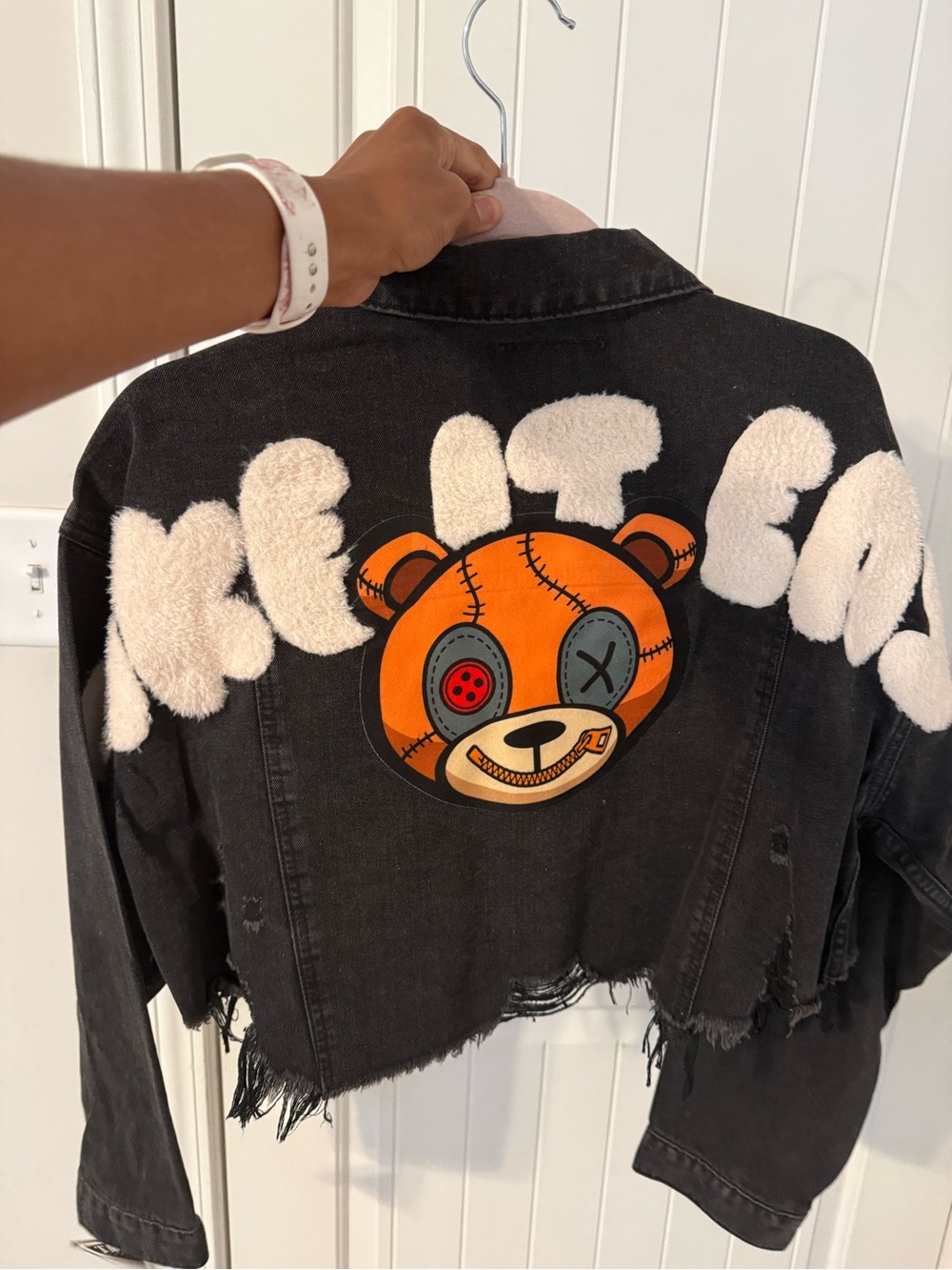 Trio Urban Take It Easy Black Distressed Cropped Jacket with Orange Teddy Patch